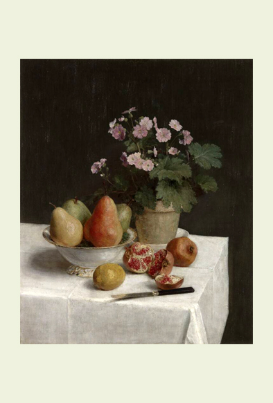 ポストカード単品：HFL001-BP：Still life (primroses, pears and pomegranates) (1866)