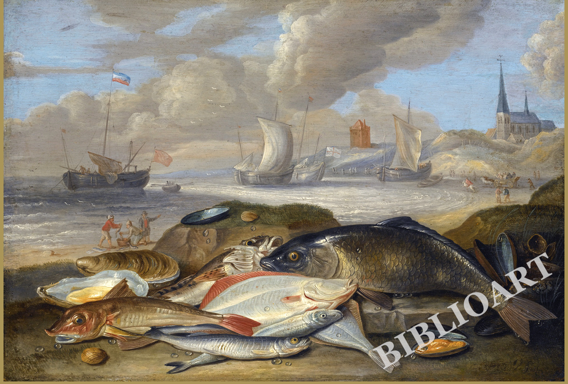 ポストカード単品：JVK002-BP：Still life of fish in a harbor landscape