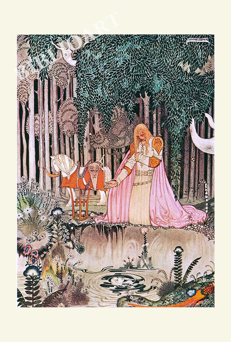ポストカード単品：KN019-BP
：泉で水を飲もうとして、木の上のラッシーに気付く王子