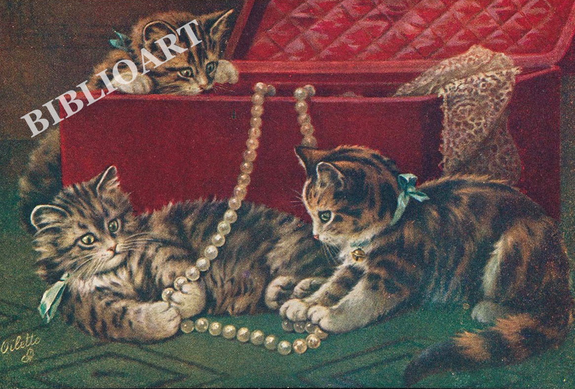 ポストカード単品：Z195-BP
：Kittens playing with a string of pearls